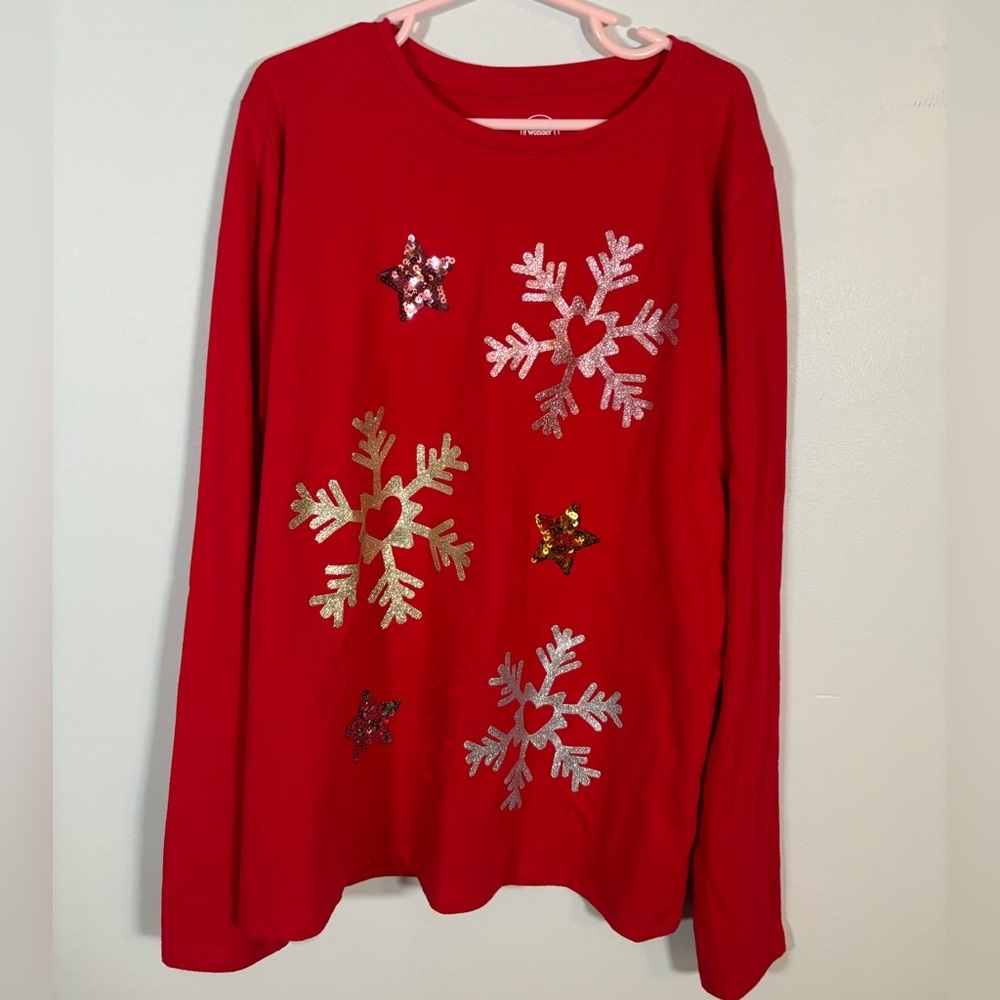 Wonder Nation Girls Red Christmas Long Sleeve Shirt XL (14–16) Snowflakes & Star